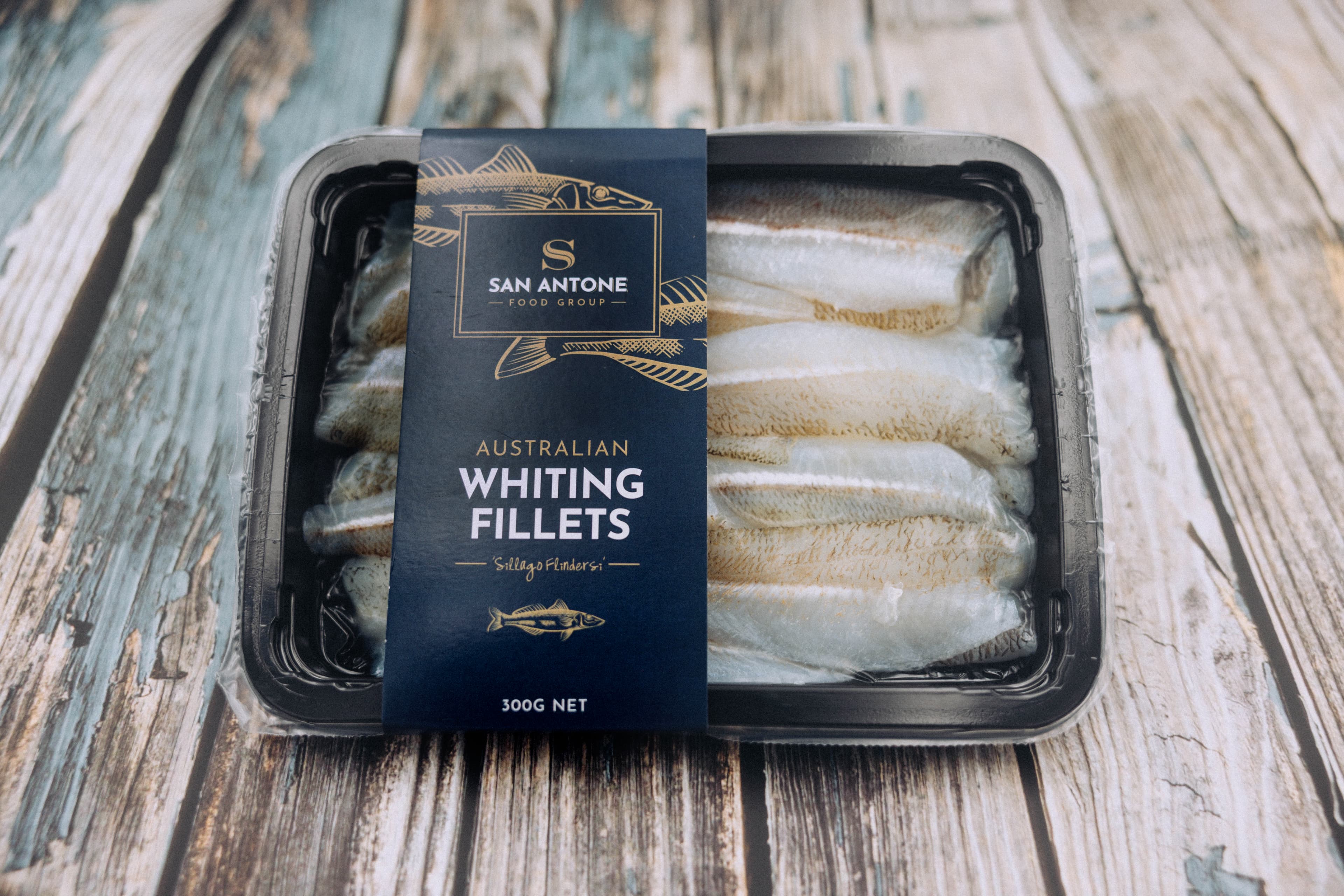 Fresh Range — Eastern School Whiting fillets on wooden table